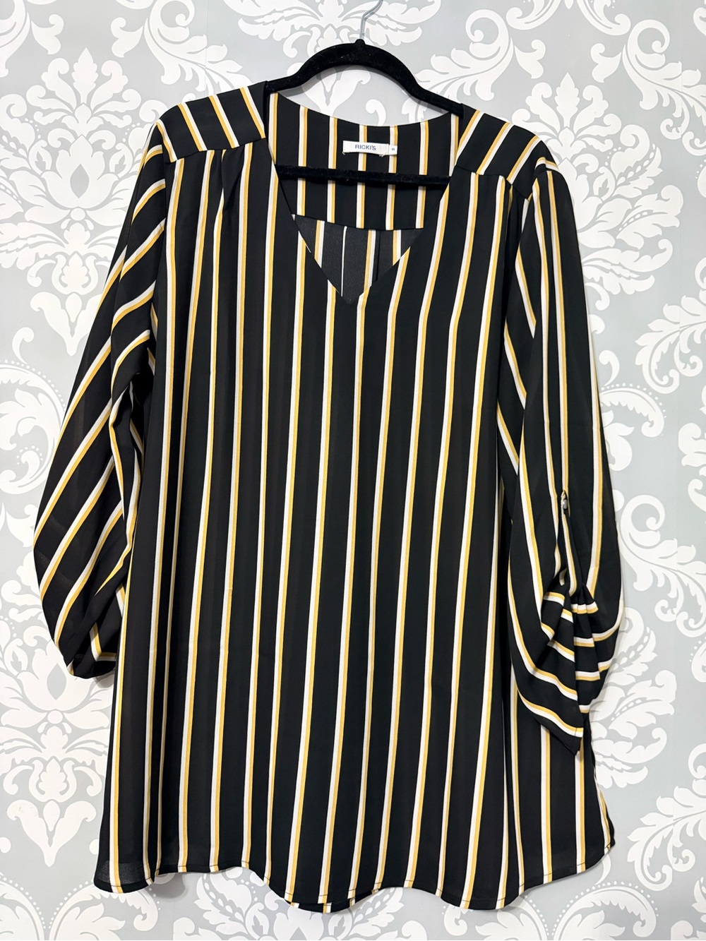 💫4/$25 • Ricki's Black Tunic Blouse with Yellow and White Stripes - Picture 1 of 4